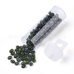 Perlas de semillas de 2-hoyo, Abalorios de cristal checas, estilo de pintura para hornear transparente, verde mar, 5x3.5~3.8x2.5~2.8mm, agujero: 0.9 mm, aproximamente 10 g / botella