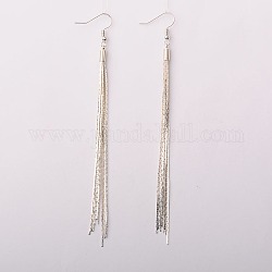 Brass Chain Tassel Earrings, with Brass Cord Ends and Brass Earring Hooks, Silver Color Plated, Silver Color Plated, 120mm, Pin: 0.7mm