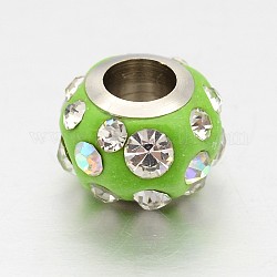 Polymer Clay Rhinestone European Beads, Large Hole Rondelle Beads, with Brass Cores, Platinum, Pale Green, 11x7.5mm, Hole: 4.5mm