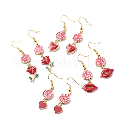 Boucles d'oreilles pendantes en alliage d'émail rouge, bijoux en laiton thème saint valentin pour femme, or, Modèles mixtes, 46~57mm, pin: 0.5 mm
