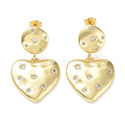 Rack Plating Brass with Cubic Zirconia Heart Dangle Stud Earrings, Long-Lasting Plated, Lead Free & Cadmium Free, Real 18K Gold Plated, 33x21mm