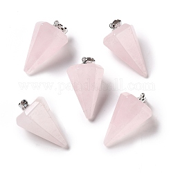 Pendentifs de quartz rose naturel, avec les accessoires en laiton de tonalité de platine, cône à facettes, 25~28x15~16x13~14mm, Trou: 2x6mm