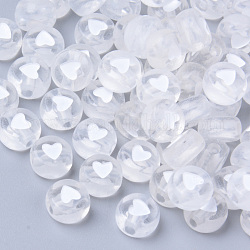 Abalorios de acrílico transparentes, plano redondo con corazón blanco, Claro, 7x3.5mm, agujero: 1.8 mm, aproximamente 3700 unidades / 500 g