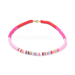 Colliers de perles heishi en pâte polymère faites main, avec intercalaires perles en laiton et accessoires en 304 acier inoxydable, rose chaud, 15.9~16.1 pouce (40.5~41 cm)