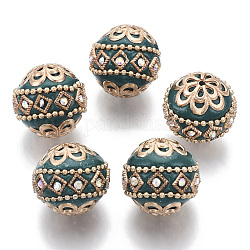 Handmade Indonesia Beads, with Metal Findings, Round, Light Gold, Teal, 19.5x19mm, Hole: 1mm