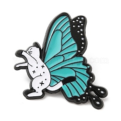 Gato con alfileres de esmalte de ala de mariposa, Broche de aleación chapado en negro de electroforesis, blanco, 35x28x1.5mm