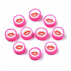 Handmade Polymer Clay Beads, Flat Round with Mouth, Hot Pink, 9.5~10x4~4.5mm, Hole: 1.6mm
