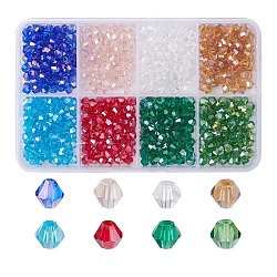 8 brin de perles de verre transparentes bicône à facettes de 8 couleurs, de couleur plaquée ab , pour bricolage, couleur mixte, 4x4mm, Trou: 1mm, Environ 92~96 pcs/chapelet, 13.78~14.37 pouce (35~36.5 cm), 1 brin / couleur