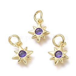 Brass Micro Pave Cubic Zirconia Pendants, with Jump Rings, Star, Real 18K Gold Plated, Lilac, 10x8x2mm, Hole: 3.5mm