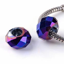 Electroplate Glass European Beads, Large Hole Beads, Faceted Rondelle, Purple Plated, 14~14.5x7.5~8.5mm, Hole: 5.5~6mm