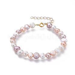 Bracciali di perle d'acqua dolce naturali, con catena di prolunga in ferro, Accessori in ottone, colore misto, oro, 7-1/4 pollice ~ 7-1/2 pollici (18.5~19 cm)