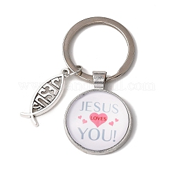 Ich liebe Jesus-Symbol-Schlüsselanhänger aus Glas mit Jesus-Fisch-Anhänger aus Legierung, mit  eisernem Zubehör, kantille, Halbrund, Licht Himmel blau, 6.2 cm