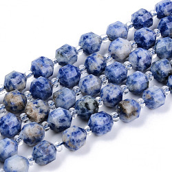 Perles de jaspe tache bleue naturelle, ronde, facette, 8~9x10mm, trou: 1.2mm, environ 33~35 pcs/chapelet, 15.16 pouces (38.5 cm)