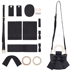 DIY Sew on Bowknot Tote Making Kit, Including PU Leather Accessories, Shoulder Strap, Wooden Ring Handles, Alloy D-rings, Iron Needles, Cotton Cord, Black, 2.2~120x0.2~11x0.1~1.5cm