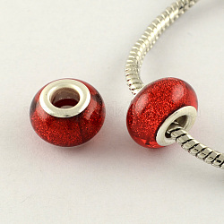 Large Hole Resin European Beads, with Silver Color Plated Brass Double Cores, Rondelle, Red, 14x9mm, Hole: 5mm