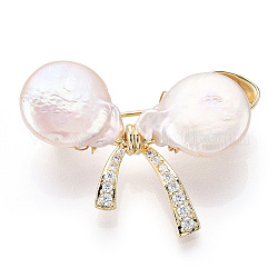 Spille con fiocco in perle barocche naturali da donna, perni in ottone con pavé di zirconi cubici, vero placcato oro 14k, 26x33.5~35x12~15mm