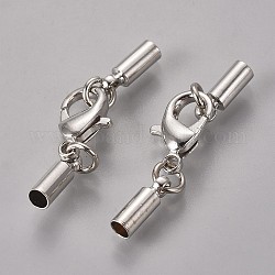 Brass Lobster Claw Clasps, with Cord Ends, Nickel Free, Platinum, 30mm, Clasps: 12x7x3mm, Cord End: 9x3mm, inner diameter: 2mm
