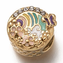 316 chirurgische europäische Perlen aus rostfreiem Stahl, Großloch perlen, mit Emaille und Strass, flach rund mit Blume, golden, Mischfarbe, 12.5x11.5x7.5 mm, Bohrung: 4.5 mm