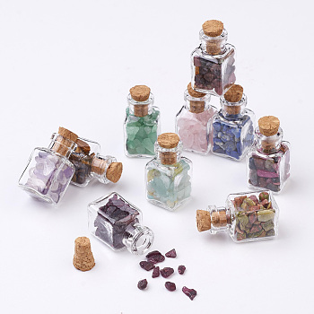 Glass Wishing Bottle Decorations, with Gemstone Chips Inside and Cork Stopper, Mixed Color, 29x14mm, 10pcs/set