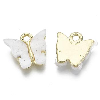 Aluminium Anhänger & Charms, mit Harz und Glitzerpulver, cadmiumfrei und bleifrei, Schmetterling, golden, Blumenweiß, 13x13~15x3.5 mm, Bohrung: 2 mm