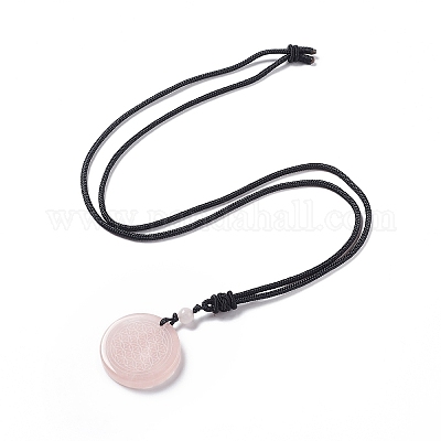 Quarzo rosa naturale piatto rotondo con collana pendente fiore della vita  con cordino in nylon da donna all'ingrosso 