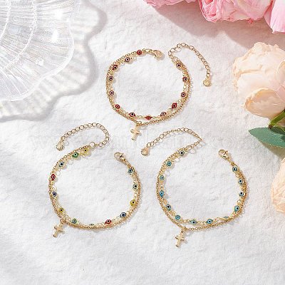 3 шт. 3-цветные многослойные браслеты ручной работы с элементами лэмпворка от сглаза BJEW-JB12213-1