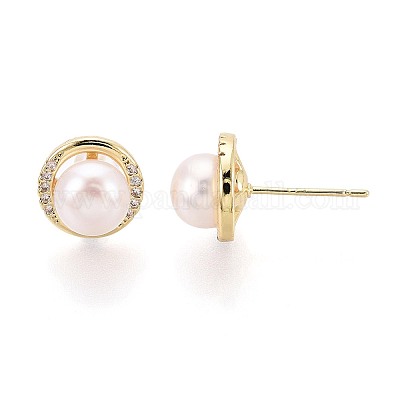 Полукруглые серьги-гвоздики из латуни с микропаве из прозрачных кубических цирконий PEAR-N017-07I-1