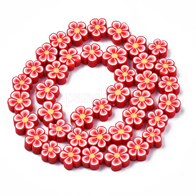 Handmade Polymer Clay Bead Strands, Flower, Hot Pink, 7.5~10x7~11x3.5~5mm,  Hole: 1.6mm, about 38~40pcs/strand, 13.58 inch~14.57 inch(34.5~37cm)