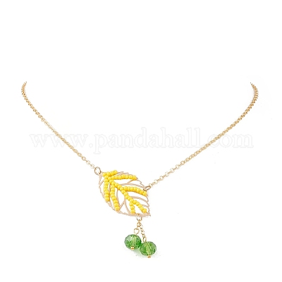 Женские ожерелья с подвеской в форме листа из стеклянных бусин ручной работы NJEW-MZ00127-03-1