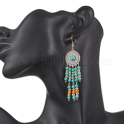 Плоские круглые серьги-подвески из нержавеющей стали 304 с синтетической бирюзой EJEW-JE06454-02-1