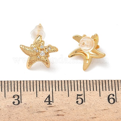 Серьги-гвоздики из латуни с микропаве из прозрачных кубических цирконий в виде морских звезд EJEW-Z152-03G-1