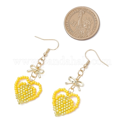 Серьги-сердечки из стеклянных бусин ручной работы EJEW-MZ00577-04-1