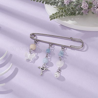 PandaHall Natural Mixed Gemstone & Butterfly Charms Safety Pin Brooch, Alloy Lapel Pin for Sweater Clasp Pants Waist Extender, Platinum