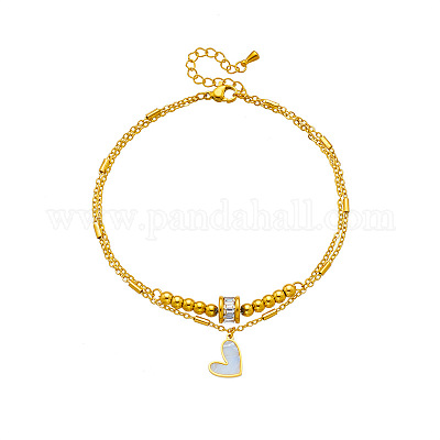 Двухслойные браслеты для щиколотки из нержавеющей стали 304 с прозрачными кубическими цирконами и натуральными белыми ракушками в форме сердца для женщин FS-WGDE261-01-1