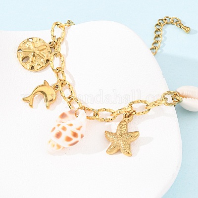 Браслеты с подвесками в виде дельфинов и морских звезд из нержавеющей стали 304 для женщин BJEW-F516-01G-1