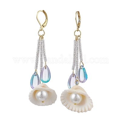 Серьги-кольца из стекла и натуральных ракушек EJEW-MZ00385-1