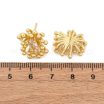 Серьги-гвоздики из латуни с прозрачным кубическим цирконием в виде цветка EJEW-R025-22G-1