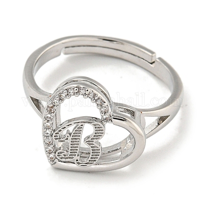 Сердце с буквой стойка покрытие латунь микро паве кубический цирконий регулируемые кольца для женщин RJEW-I105-06P-B-1