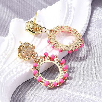 Плоские круглые латунные эмалевые серьги-гвоздики EJEW-S261-01G-1