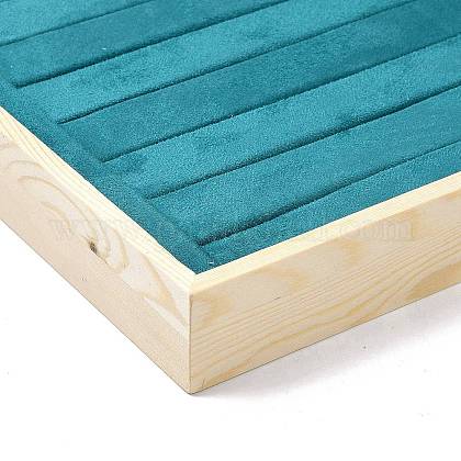 木製リングプレゼンテーションディスプレイボックス  ベルベットで覆う  長方形  ダークシアン  35x24x3.5cm ODIS-P008-07-1