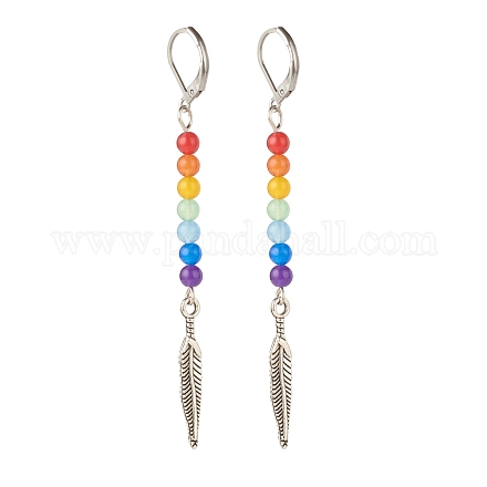 Natural Malaysia Jade with Alloy Feather Long Dangle Leverback Earrings EJEW-JE04909-01-1