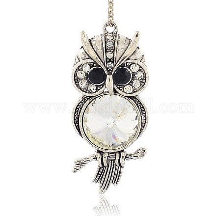 Antique Silver Plated Alloy Rhinestone Owl Big Pendants for Halloween Jewelry RB-J189-01AS-1