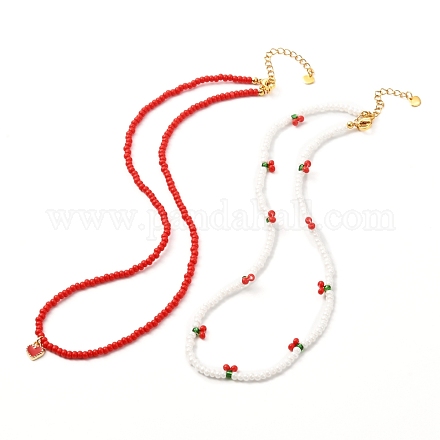 Set di collane con perline di semi di vetro rosso e bianco NJEW-JN03719-1