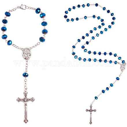 PandaHall Elite Dark Blue Beads Rosary 69cm Necklace and 18cm Bracelets Virgin Christian Catholic Holy Crucifix Bless Prayer Cross Bracelets Necklace SJEW-PH0001-05-1
