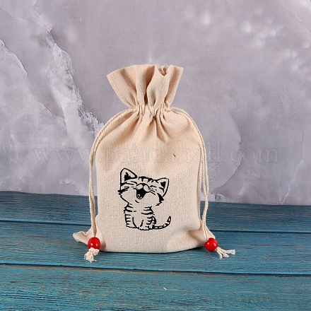 プリントされた長方形のコットン製収納袋  巾着袋包装袋  猫の形  23x15cm PW-WG95617-05-1
