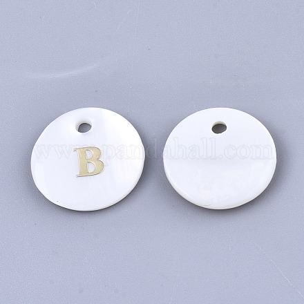 パールシェルのチャームのナチュラルホワイトシェルマザー  アイロンステッカー付き  アルファベット付きフラットラウンド  文字.b  13x2mm  穴：1.5mm X-SSHEL-N036-053B-1