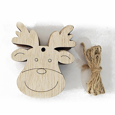 未完成の木製ペンダントデコレーション  麻ロープ付き  クリスマスの飾りに  鹿  7.5x6.3cm  10個/袋 XMAS-PW0001-170-05-1