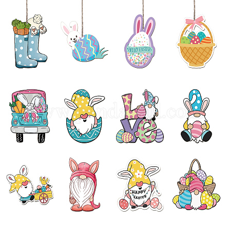 CREATCABIN 36Pcs Easter Wooden Ornaments for Tree Wooden Pendant Decorations Happy Easter Egg Gnome Bunny Wood Hanging Ornaments Tags Wooden Slices Ornaments with String for Party Home Classroom Decor WOOD-WH0037-009-1