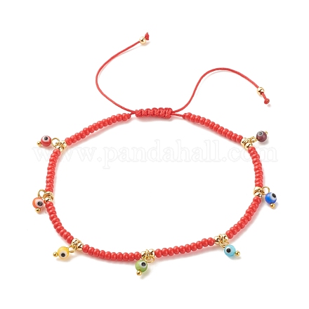 Bracelet de cheville en perles de verre et perles tressées en laiton avec breloques mauvais œil au chalumeau AJEW-AN00484-02-1