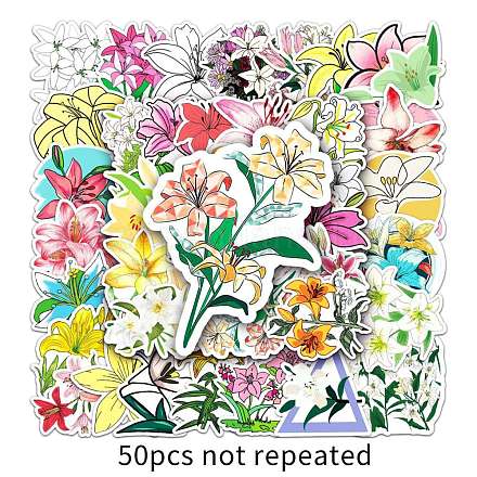 50 Uds. 50 estilos de pegatinas de plástico de pvc impermeables con patrón de flores de lirio STIC-PW0001-366-1